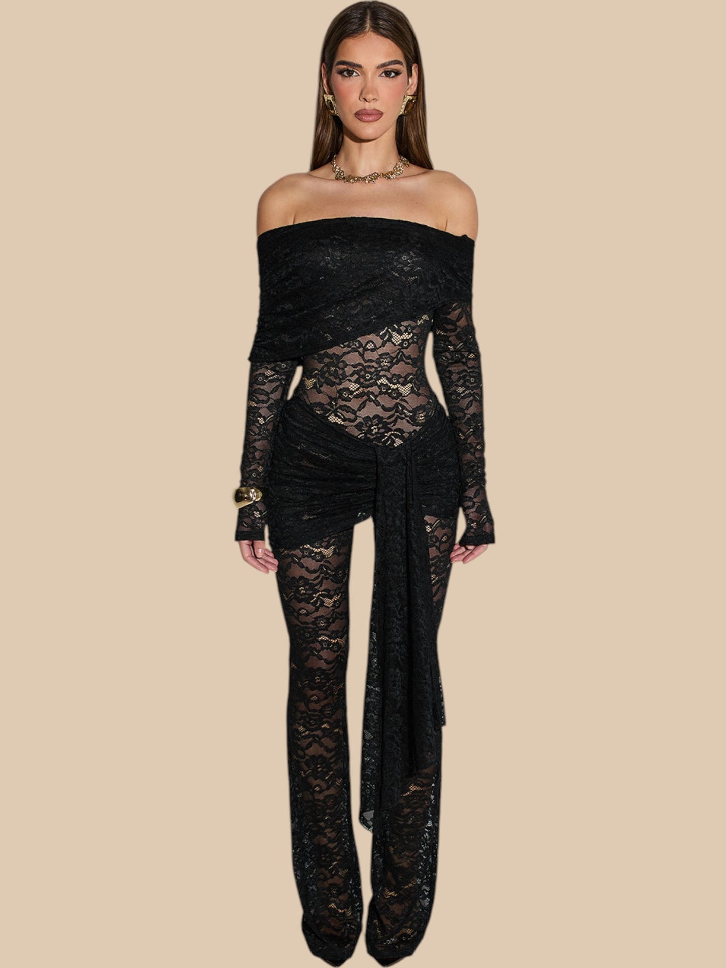 Aveline Bardot Lace Jumpsuit – Sculpted Elegance in Full-Length Lace
