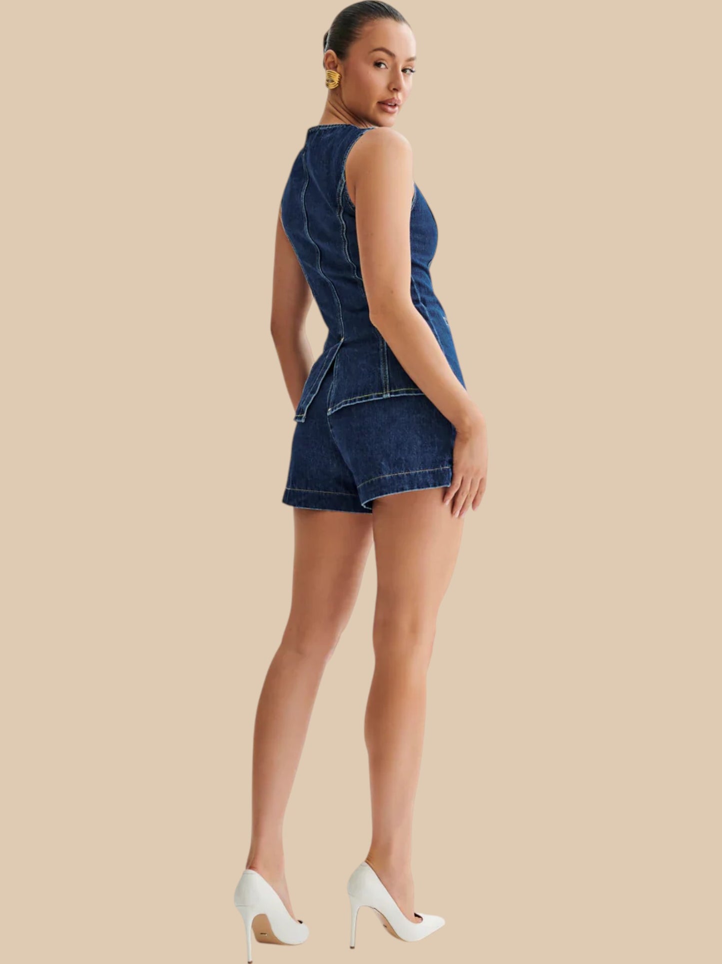 Amarisse Denim Duo Set ā Longline Vest & High-Waisted Shorts