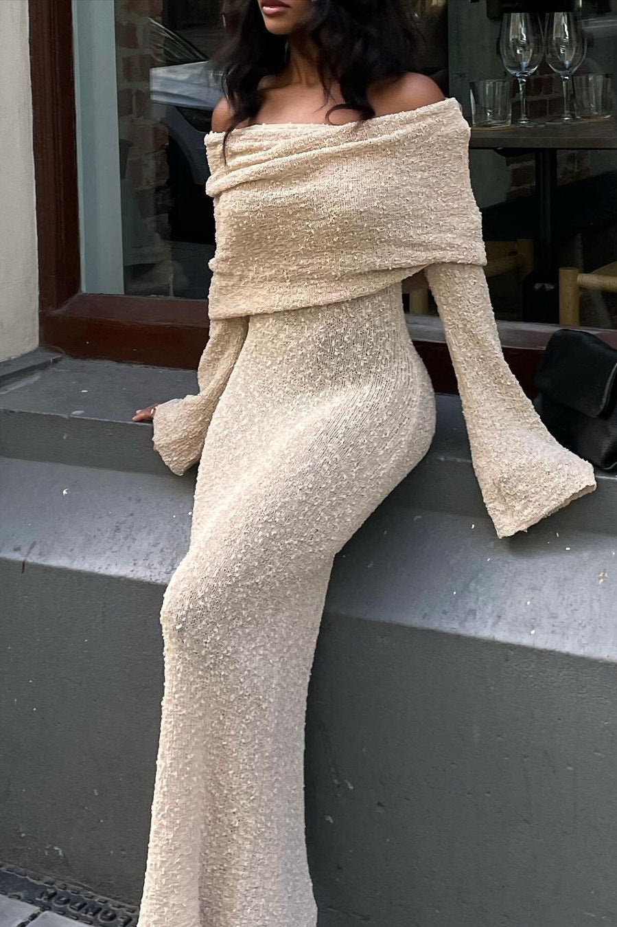 Camille Boucle Knit Maxi Dress – Off-Shoulder Sheer Long Sleeve Knitwear Gown