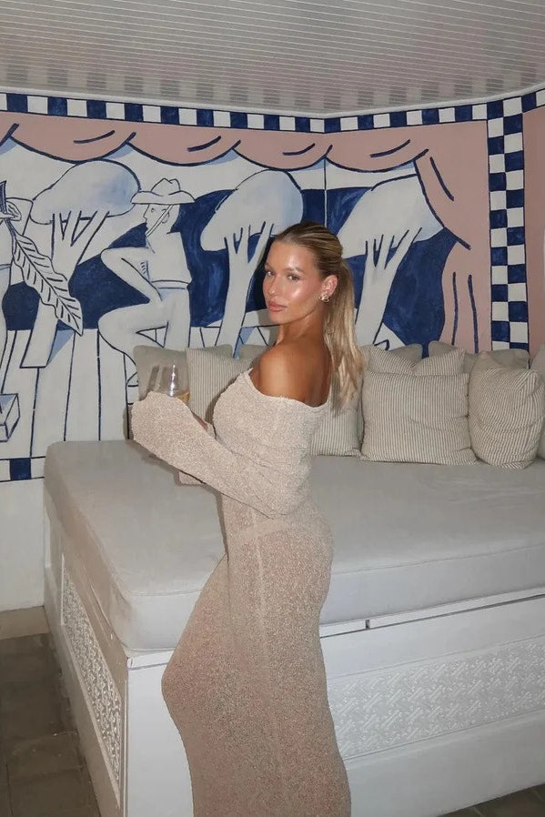 Camille Boucle Knit Maxi Dress – Off-Shoulder Sheer Long Sleeve Knitwear Gown