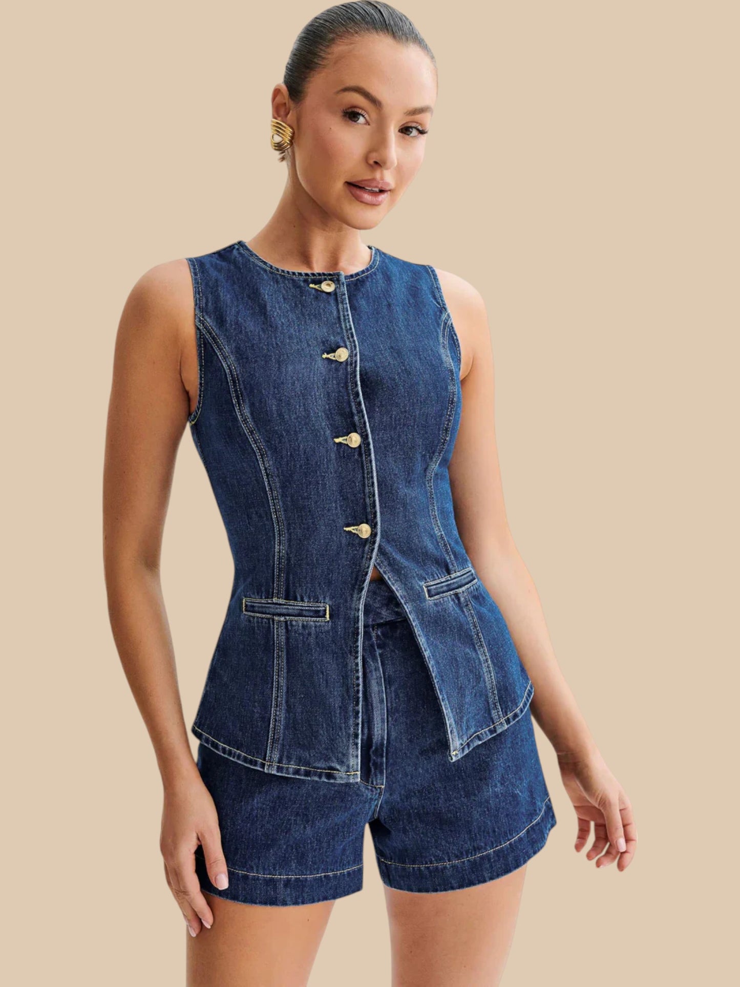 Amarisse Denim Duo Set ā Longline Vest & High-Waisted Shorts