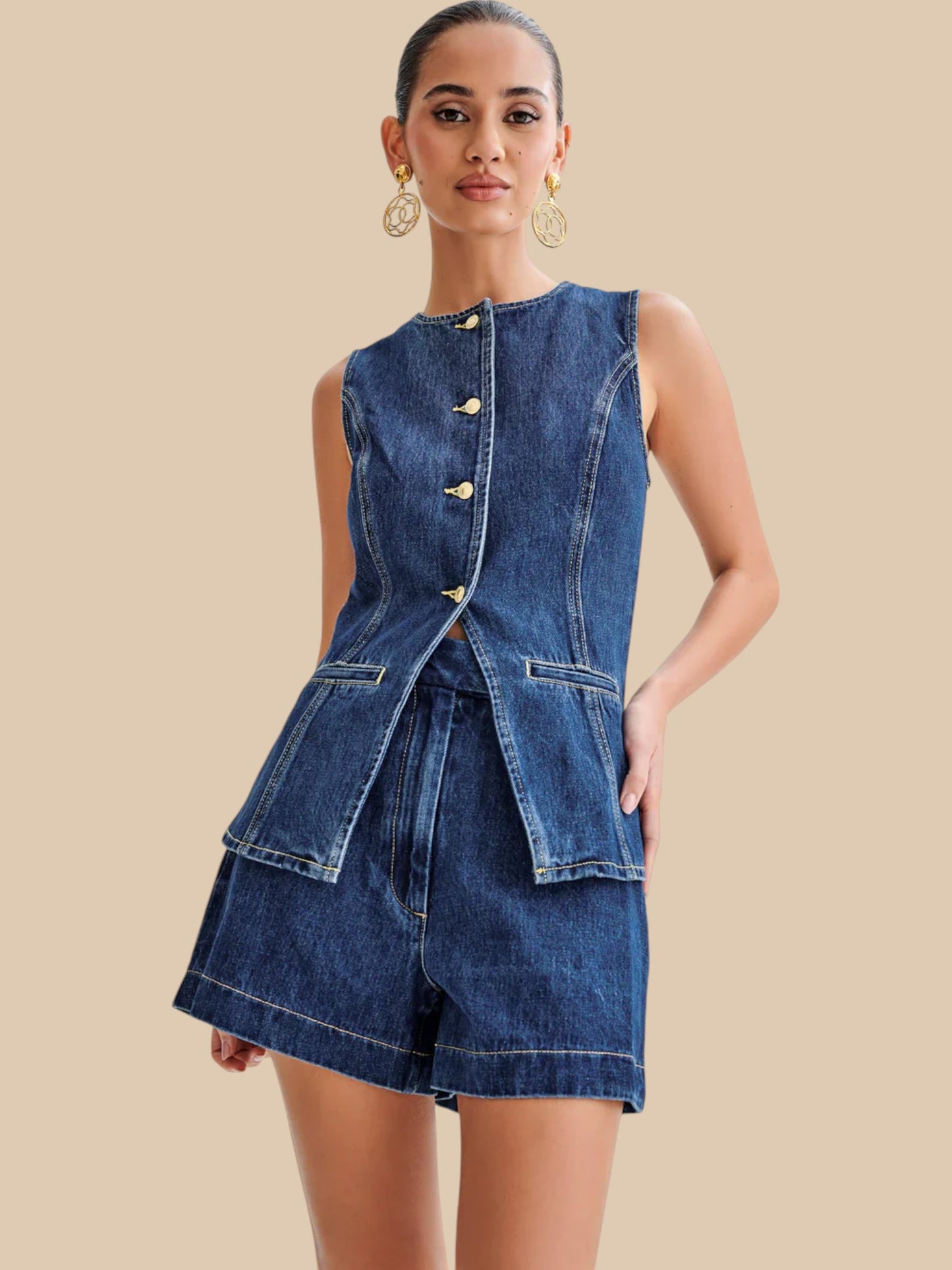 Amarisse Denim Duo Set ā Longline Vest & High-Waisted Shorts