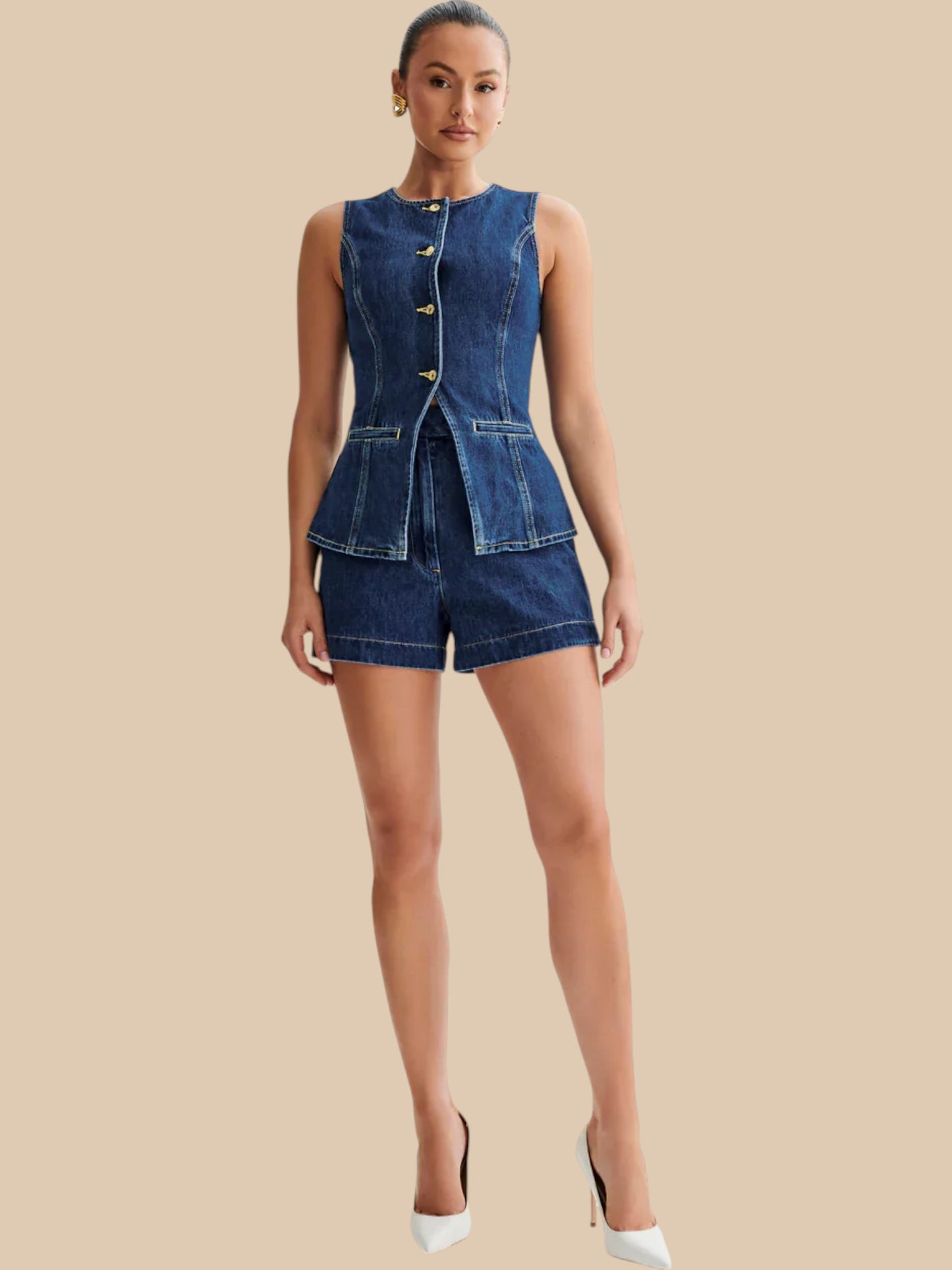 Amarisse Denim Duo Set ā Longline Vest & High-Waisted Shorts