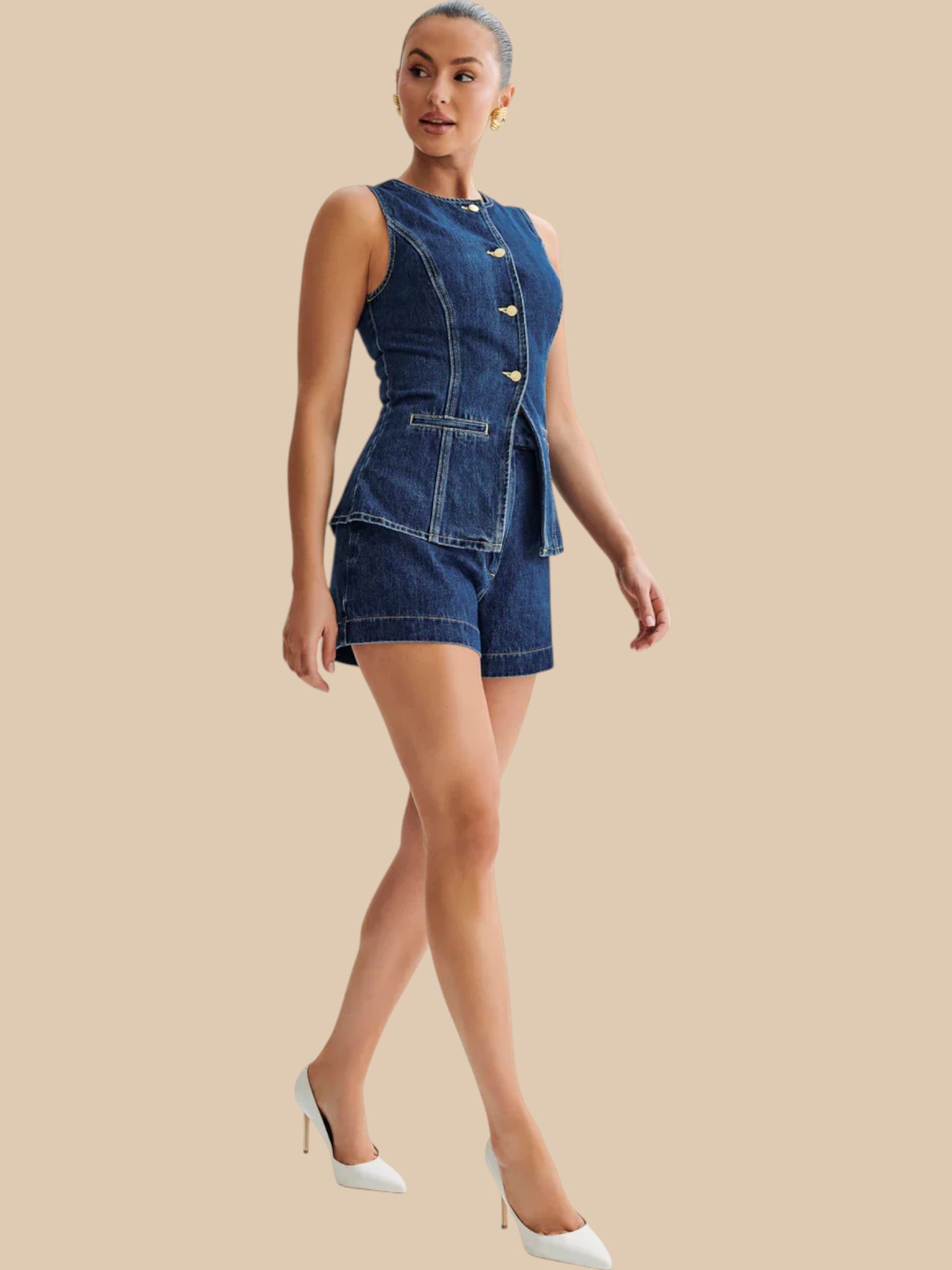 Amarisse Denim Duo Set ā Longline Vest & High-Waisted Shorts