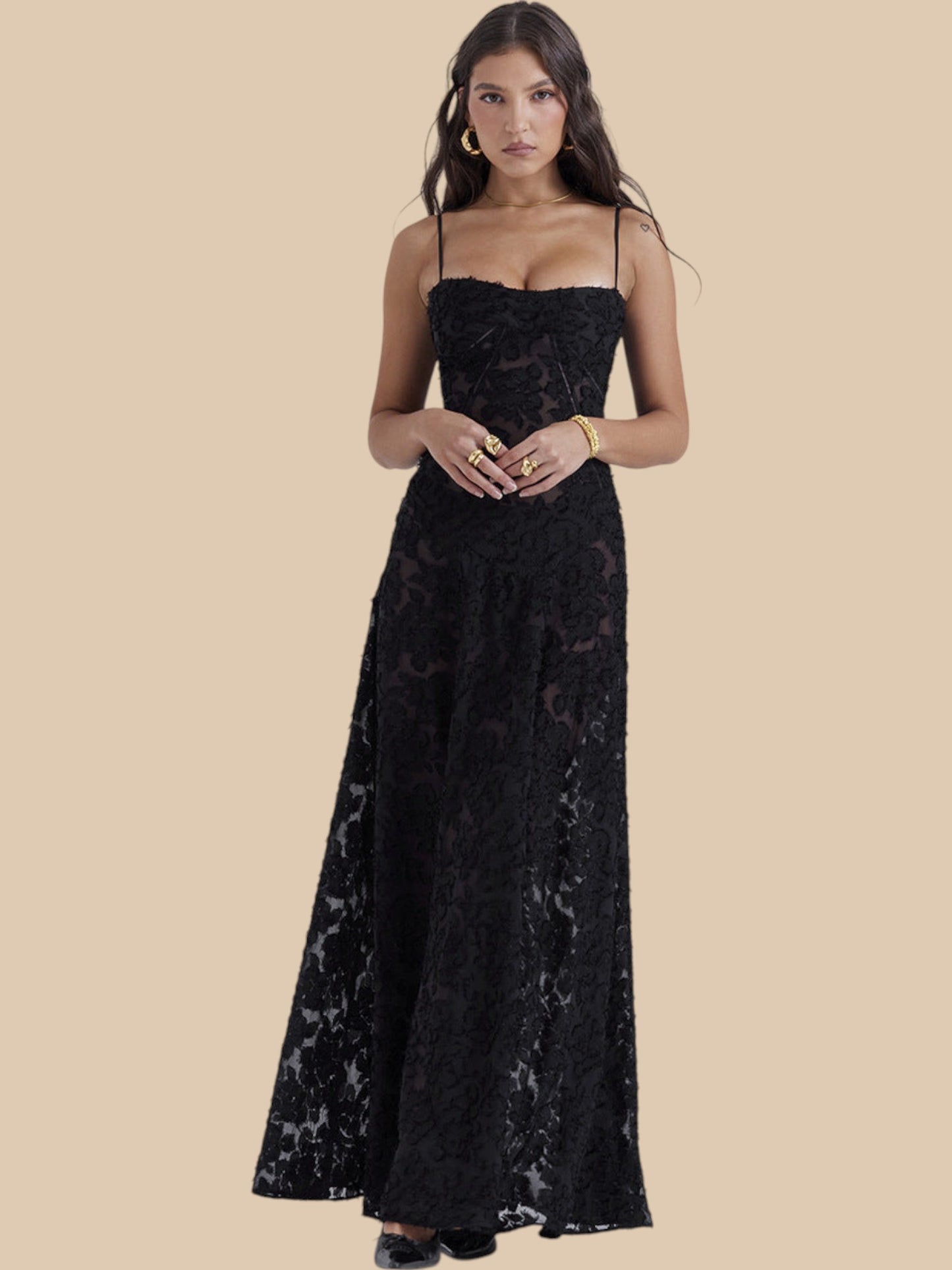 Dolly Lace-Up Maxi Dress – Romantic Sheer Lace Corset Gown