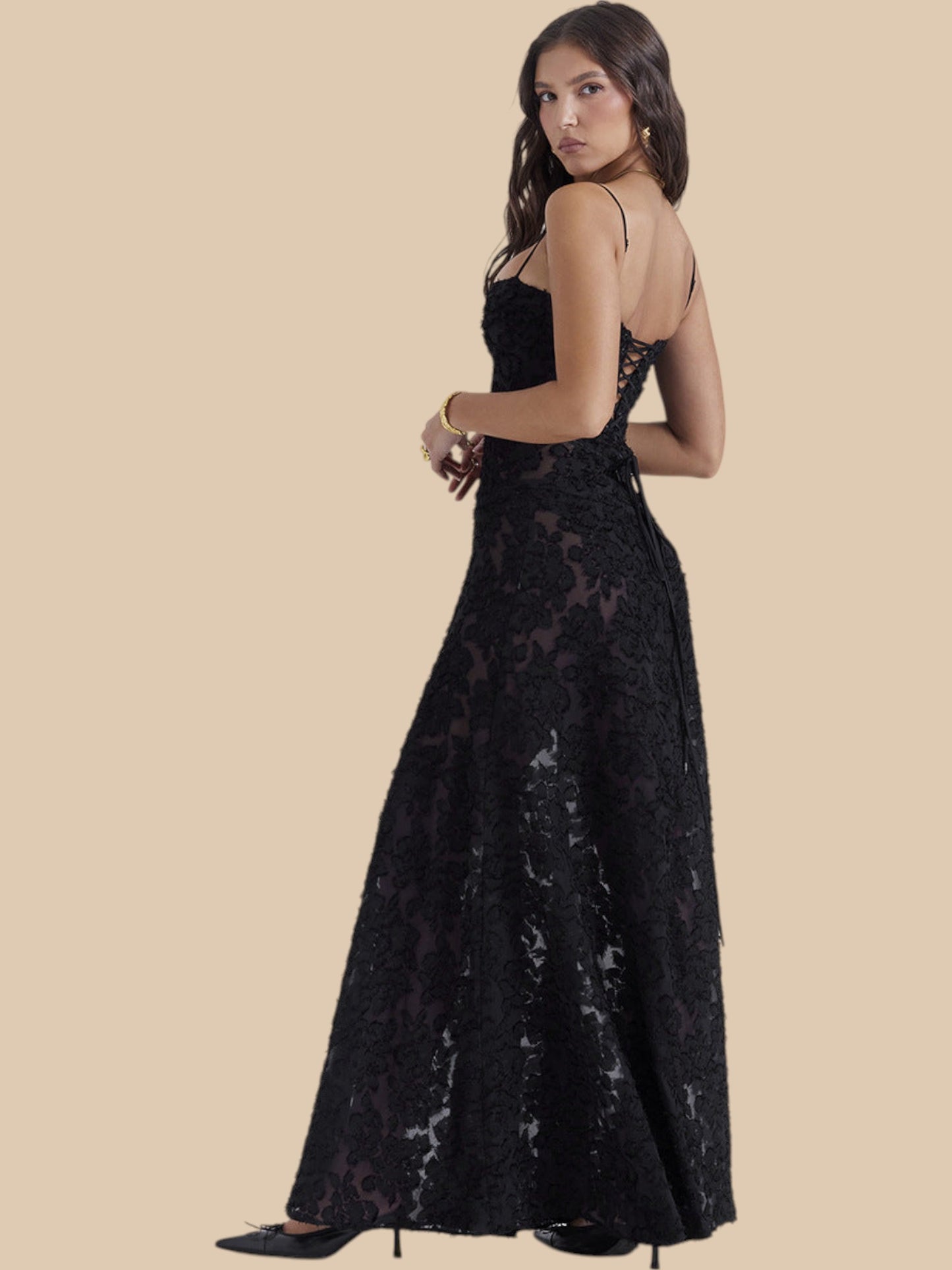 Dolly Lace-Up Maxi Dress – Romantic Sheer Lace Corset Gown