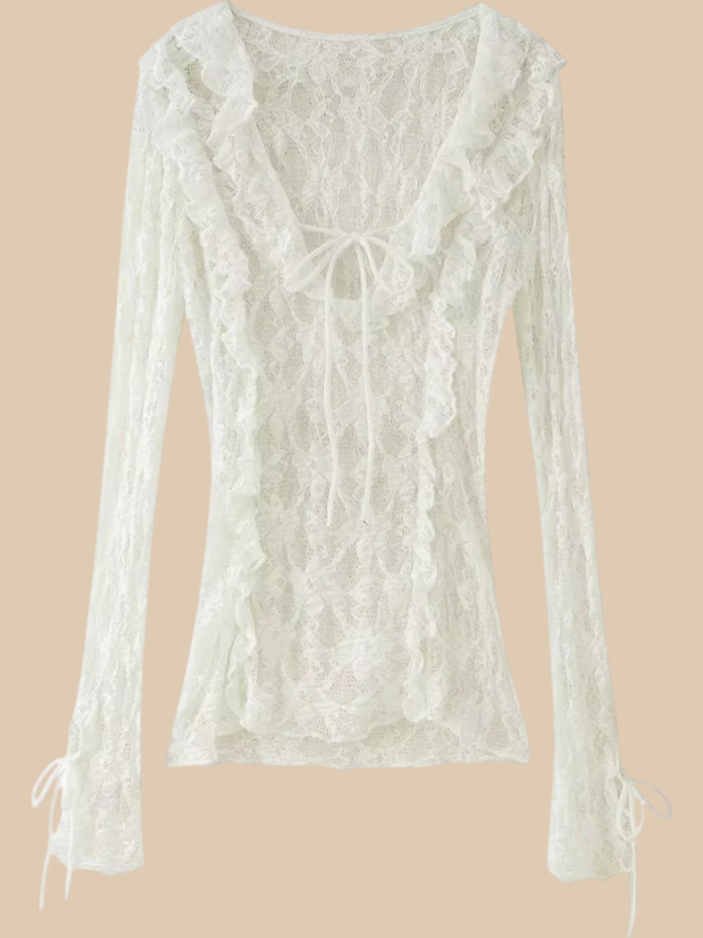 Isaline Dentelle Blouse – Lace-Up V-Neck Top with Openwork Sleeves
