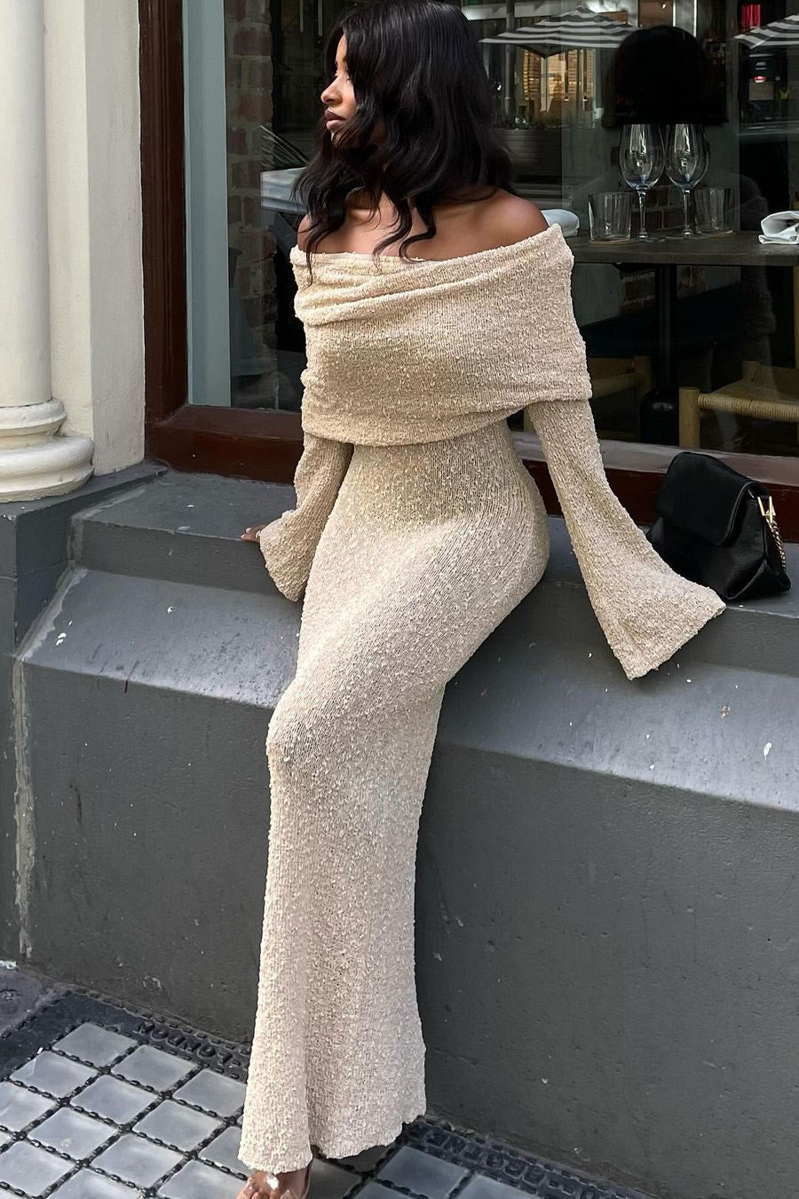 Camille Boucle Knit Maxi Dress – Off-Shoulder Sheer Long Sleeve Knitwear Gown