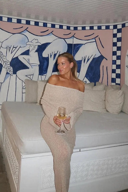 Camille Boucle Knit Maxi Dress – Off-Shoulder Sheer Long Sleeve Knitwear Gown