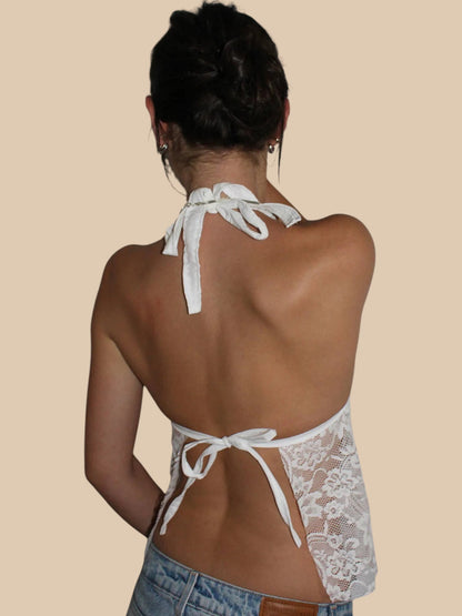 Amandine Halter Crop Top – Sheer Lace Bustier Top with Plunge Neckline