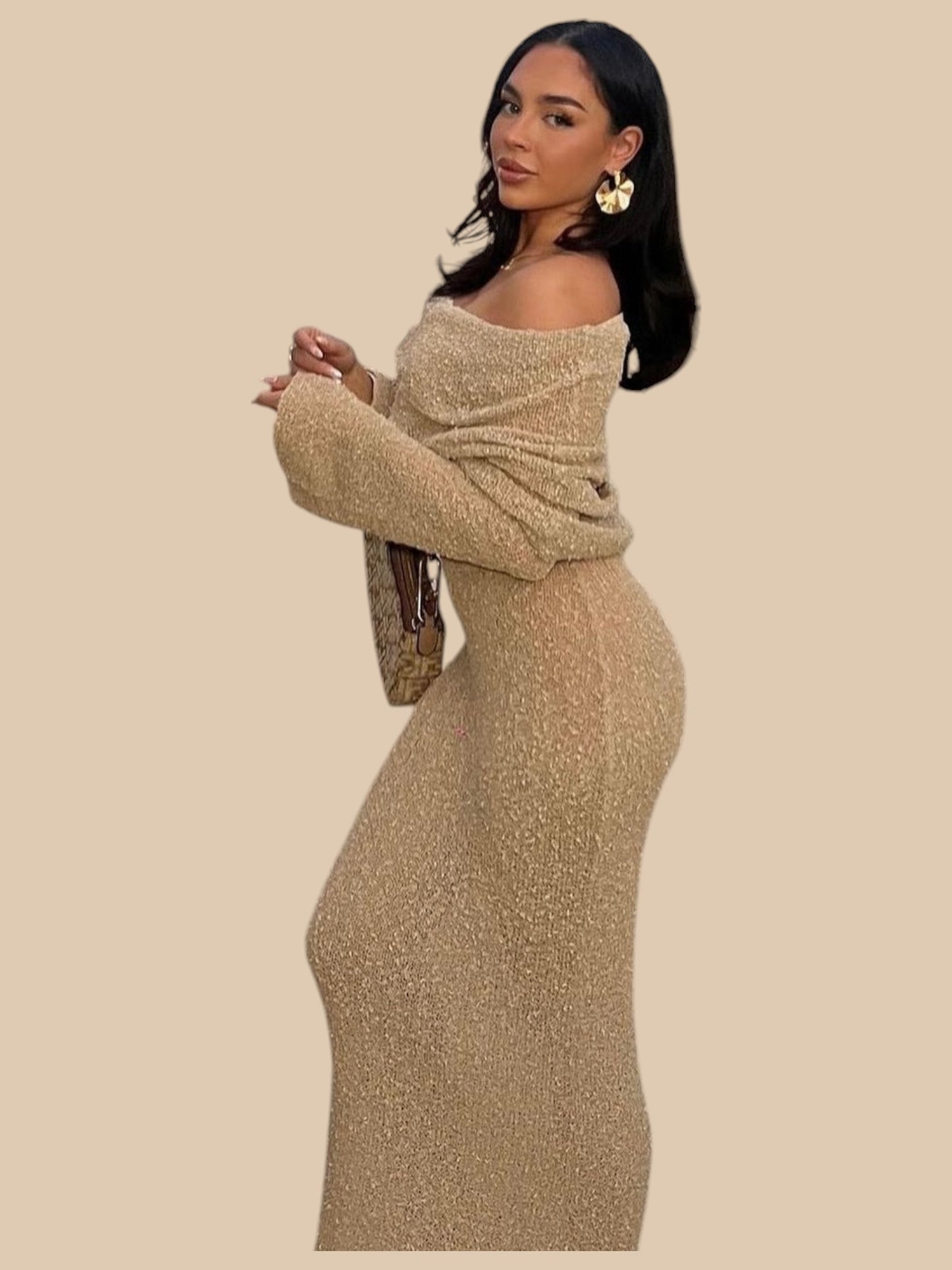 Camille Boucle Knit Maxi Dress – Off-Shoulder Sheer Long Sleeve Knitwear Gown