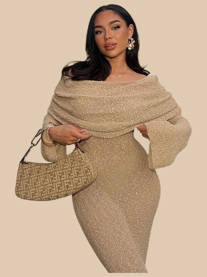 Camille Boucle Knit Maxi Dress – Off-Shoulder Sheer Long Sleeve Knitwear Gown