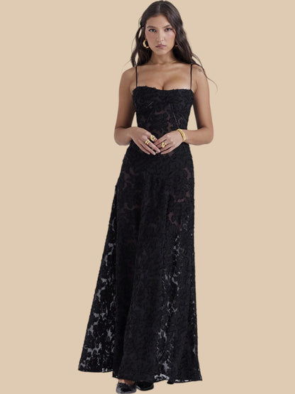 Dolly Lace-Up Maxi Dress – Romantic Sheer Lace Corset Gown