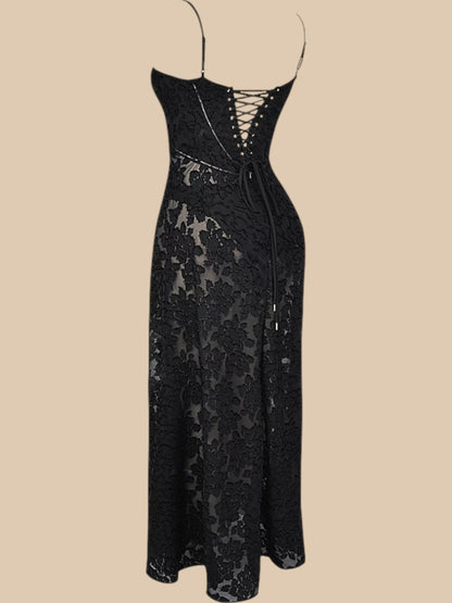 Dolly Lace-Up Maxi Dress – Romantic Sheer Lace Corset Gown