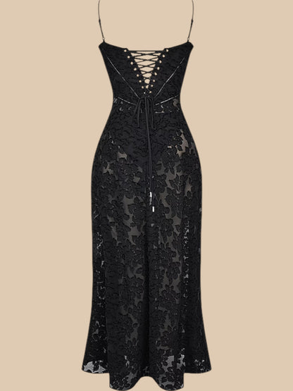 Dolly Lace-Up Maxi Dress – Romantic Sheer Lace Corset Gown