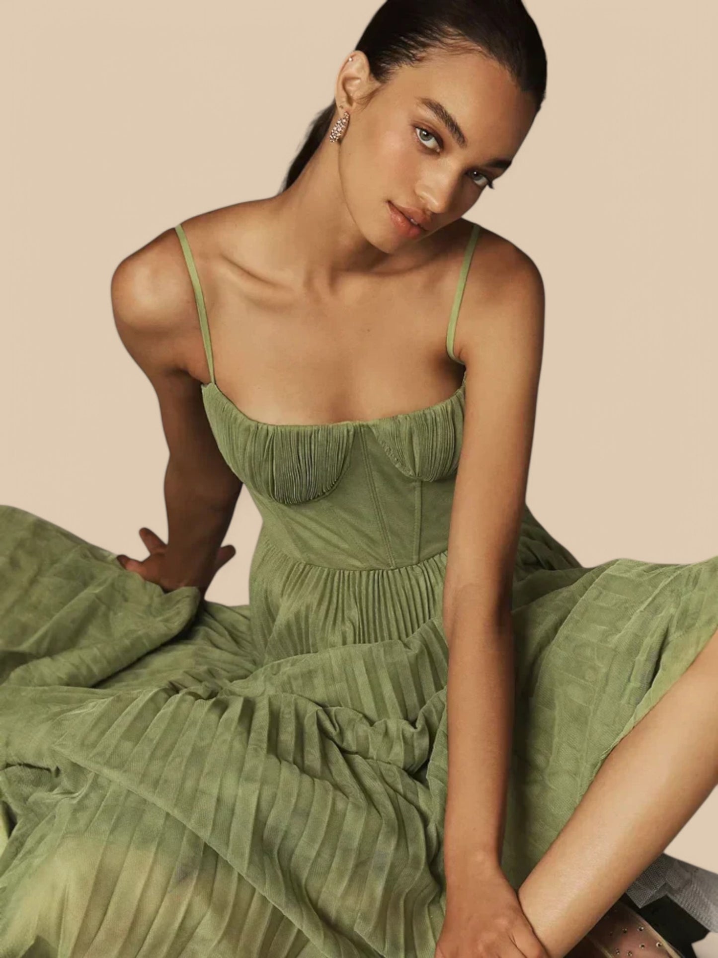 Elodie Pleated Tulle Midi Dress – Strapless A-Line Cocktail Gown