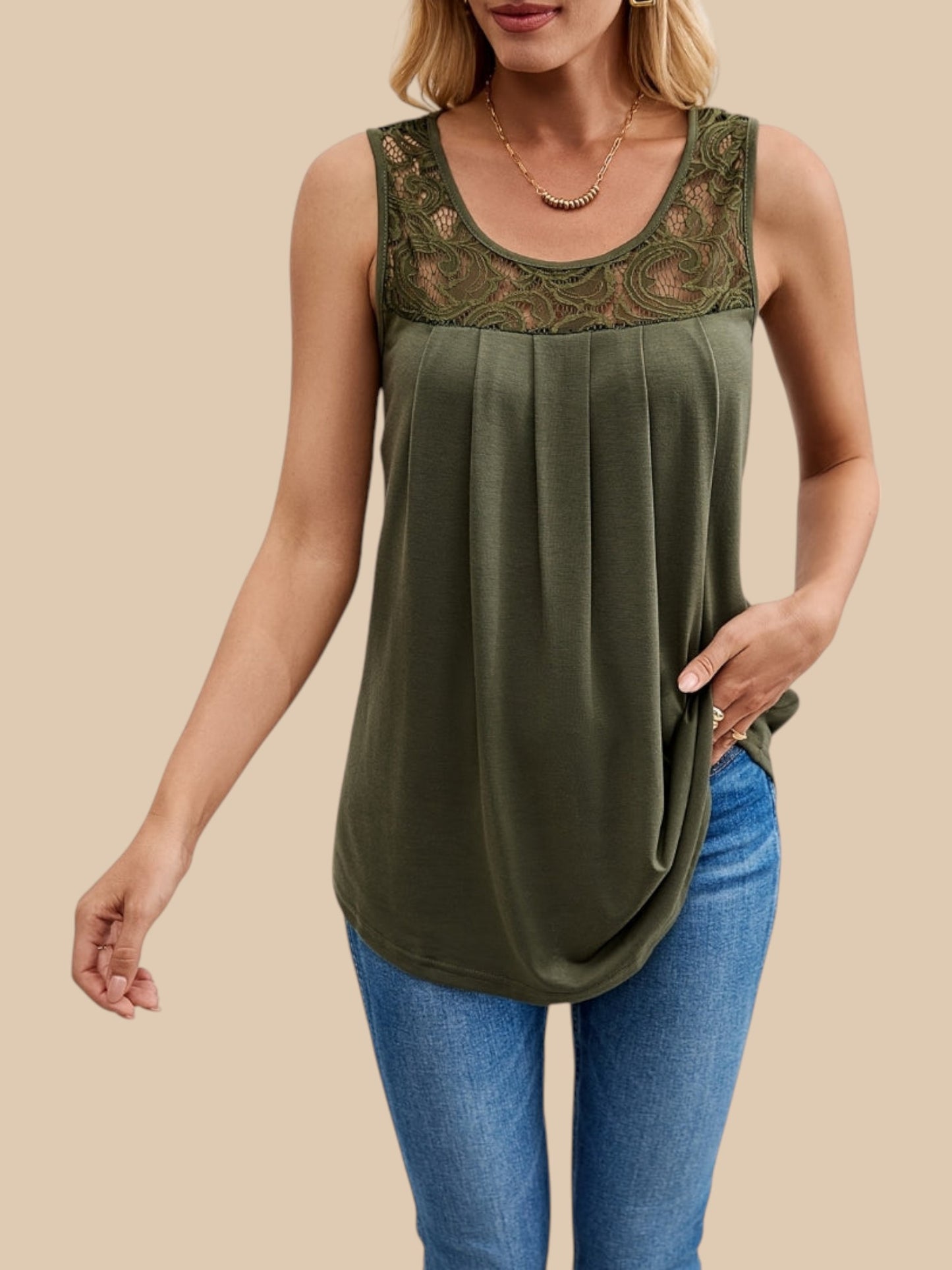 Eloise Lace Yoke Top – Sleeveless Scoop Neck Pleated Blouse