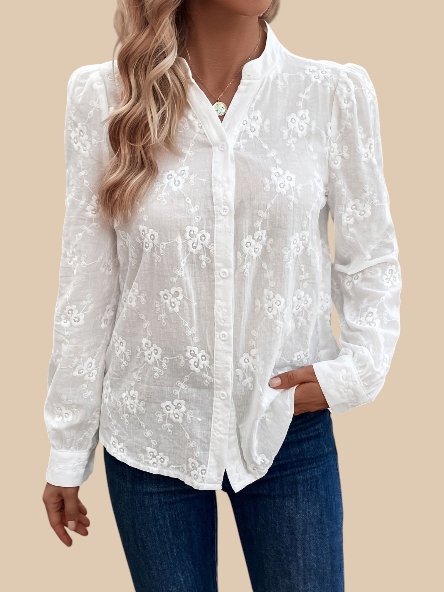 Claire Embroidered Blouse – Long Sleeve Button-Down Shirt with Lace Detail