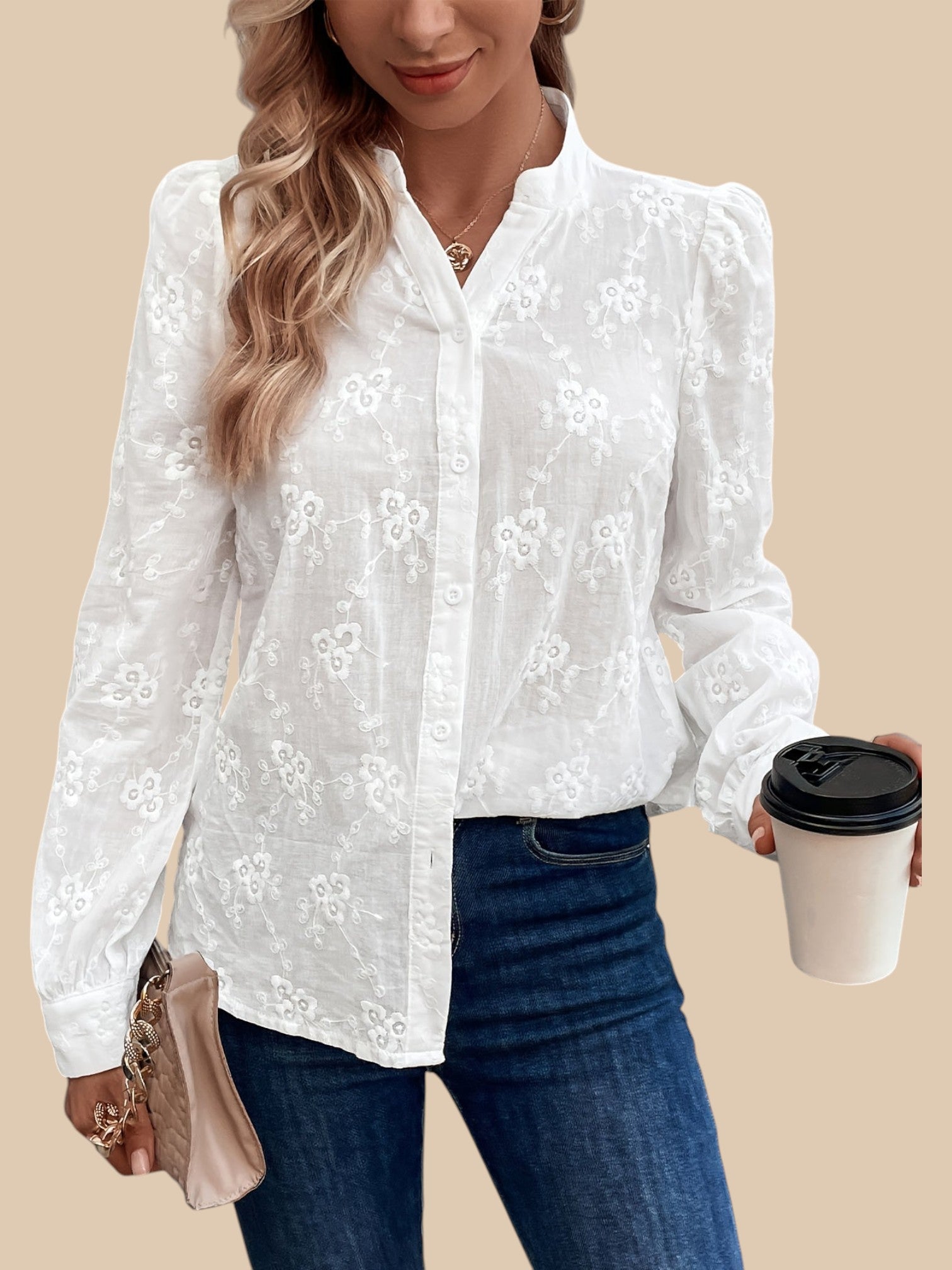Claire Embroidered Blouse – Long Sleeve Button-Down Shirt with Lace Detail