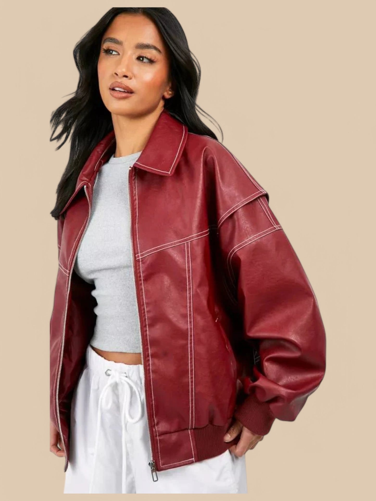 Ravina Oversized Red Faux Leather Bomber Jacket – Statement Outerwear for Women