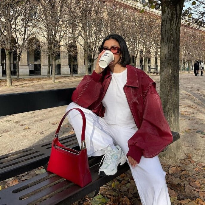 Ravina Oversized Red Faux Leather Bomber Jacket – Statement Outerwear for Women
