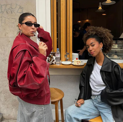 Ravina Oversized Red Faux Leather Bomber Jacket – Statement Outerwear for Women
