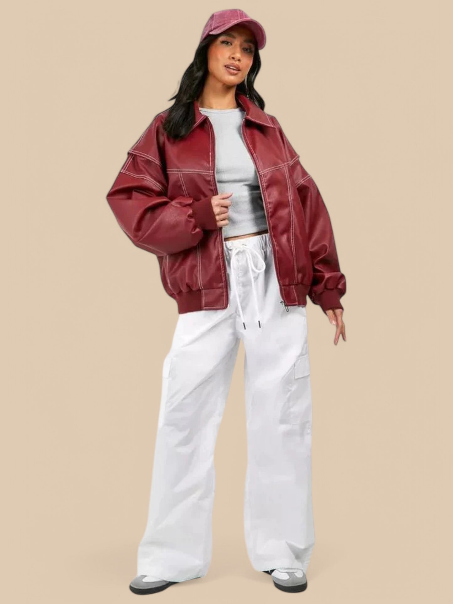Ravina Oversized Red Faux Leather Bomber Jacket – Statement Outerwear for Women